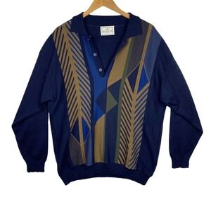 Vintage Baileys Wool Blend V-neck Pullover Sweater Blue Geometric Print Size XL